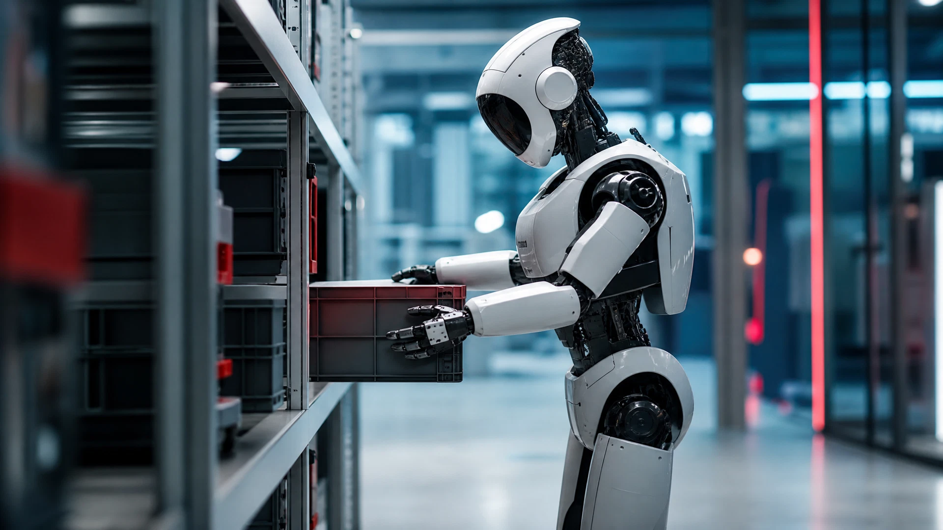Redaktionelle Illustration eines humanoiden Roboters bei einer Materialübergabe in der Intralogistik