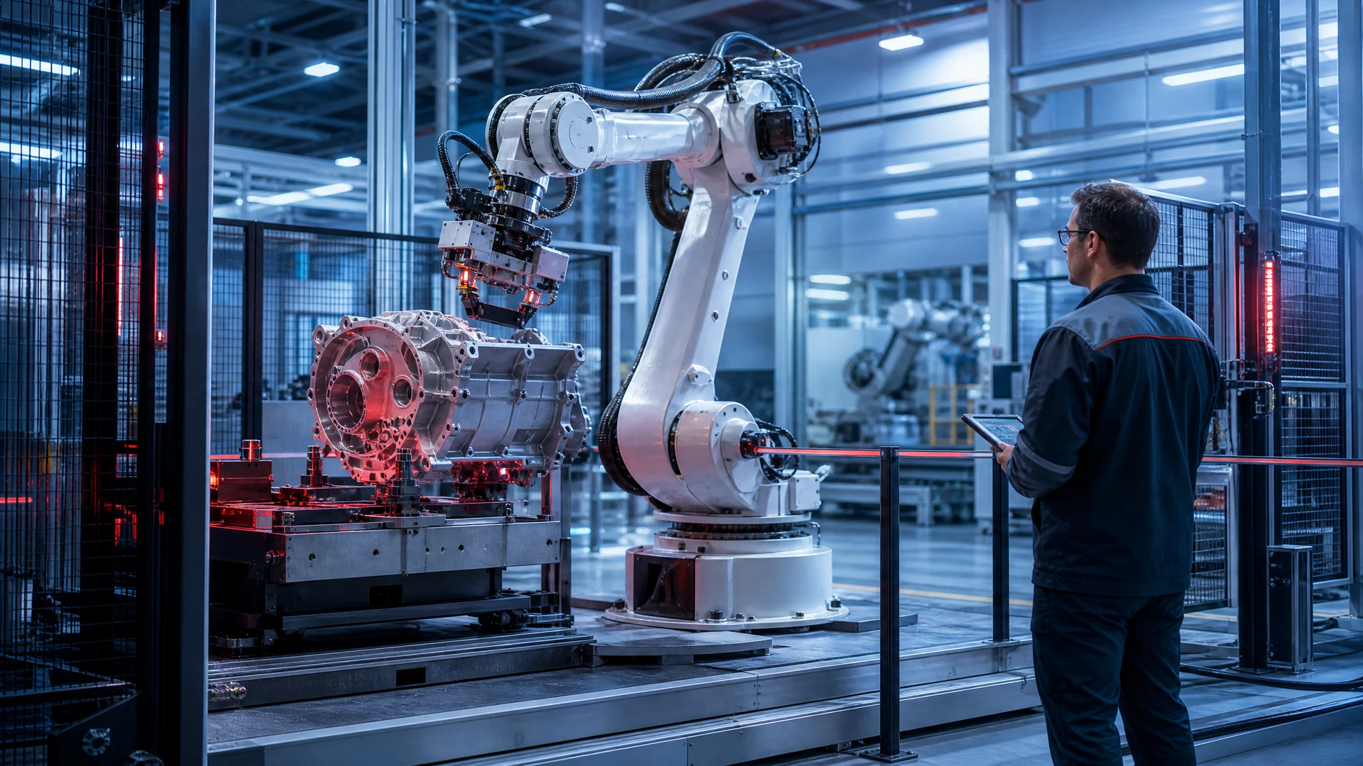 Redaktionelle Illustration eines Industrieroboterarms beim sicheren Handling eines Metallbauteils in einer Fabrik